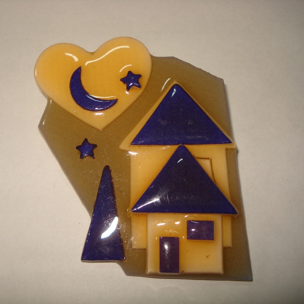 Vintage Purple Yellow/Orange 3-D House-Moon-Stars-Heart Pin Brooch    Lucinda